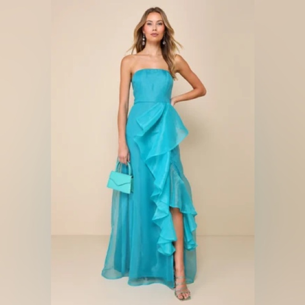 Blue Organza Strapless Dresss